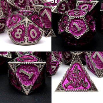 Pjoy Metal Dnd Dice Set With Dice Case Antique Silver Purple Dragon D&D Polyhedral Dice For Rpg Role Playing Games Dungeons And