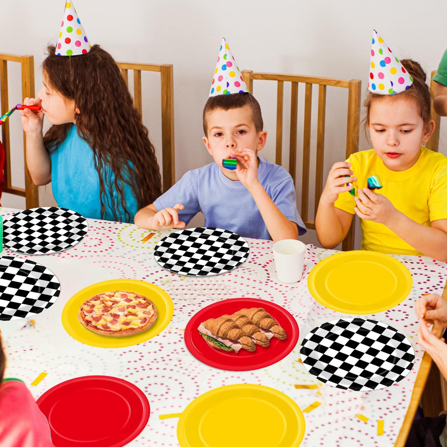 48 Pcs Racing Car Party Paper Plates for Race Car Birthday Party Supplies 7 Red Yellow Black White Checkered Disposable Plates R