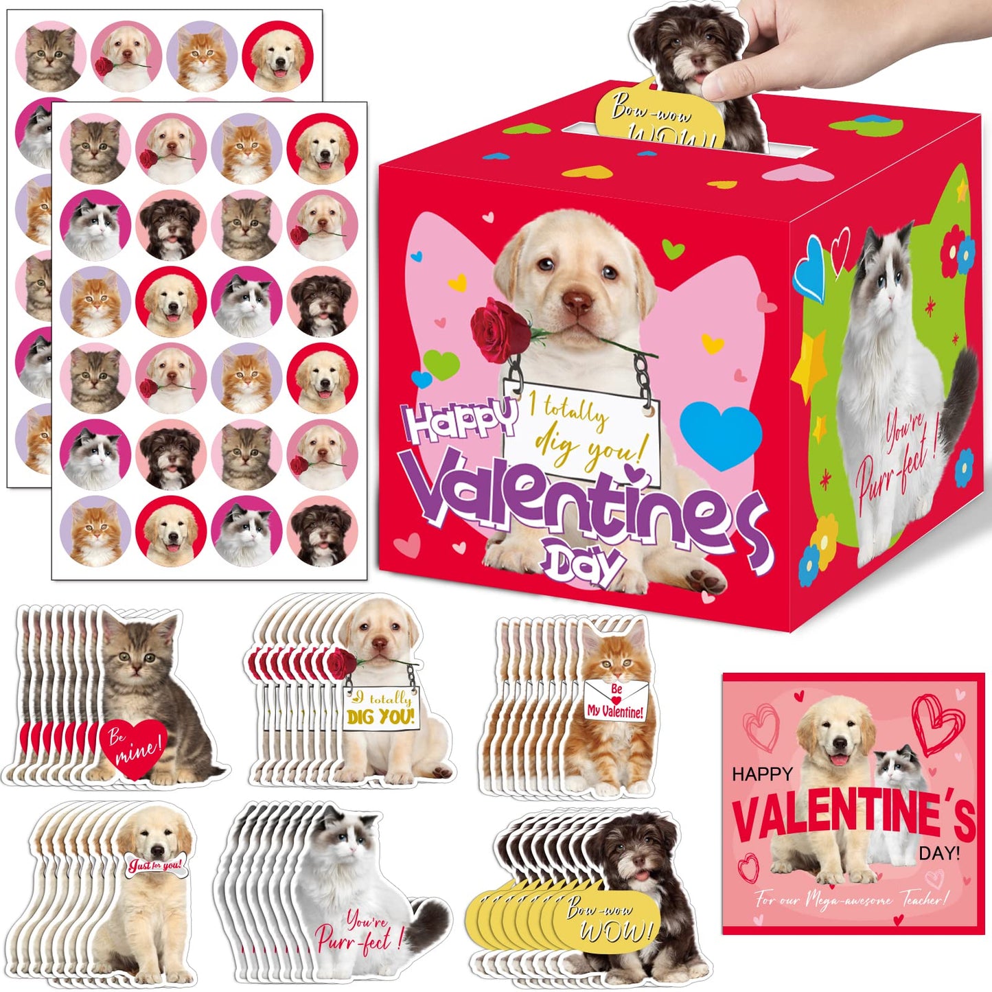 49 Pack Pet Valentine Cards for Kids with DIY Box Dog Cat Valentines Day Cards Set for School Classroom Girls Boys Valentines D