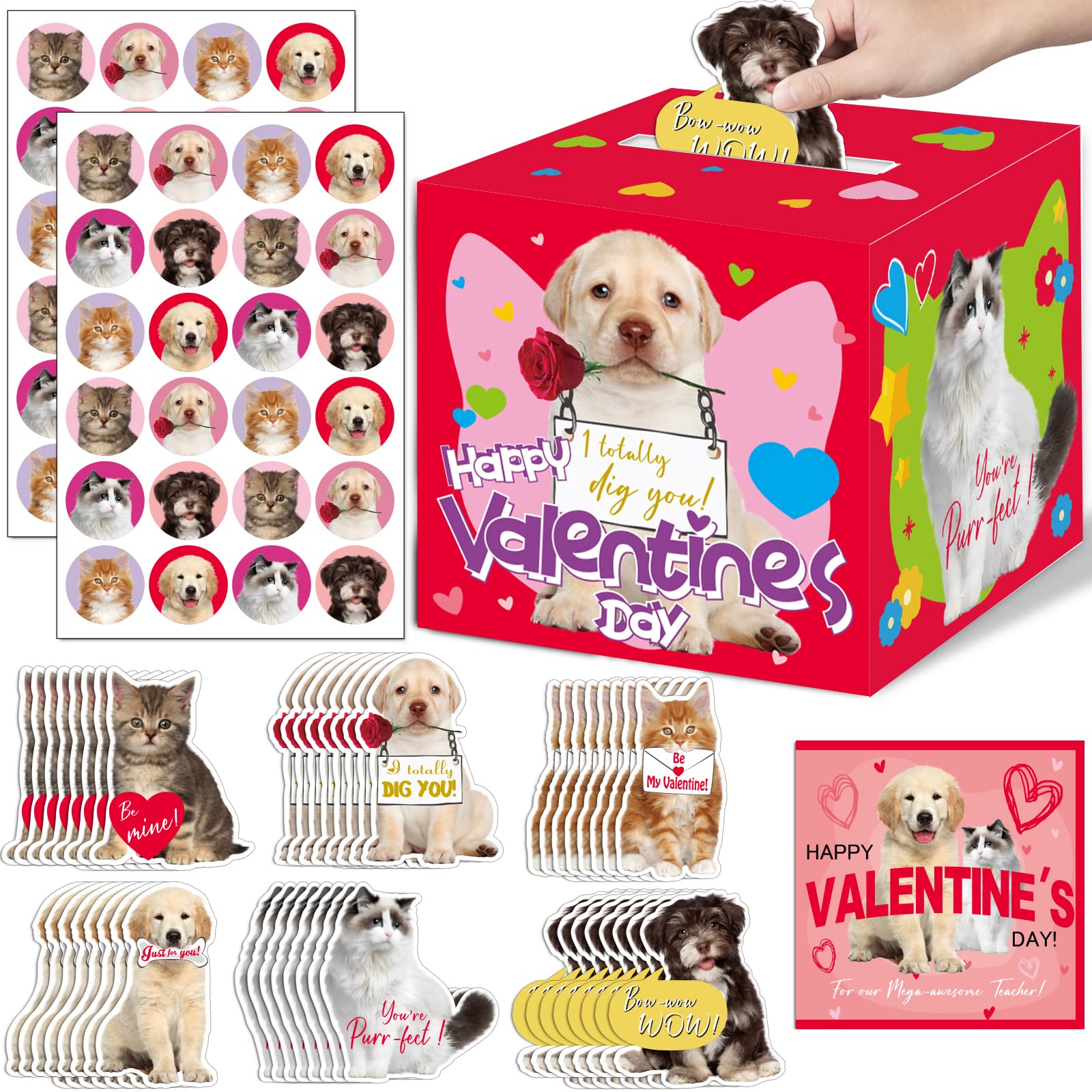 49 Pack Pet Valentine Cards for Kids with DIY Box Dog Cat Valentines Day Cards Set for School Classroom Girls Boys Valentines D
