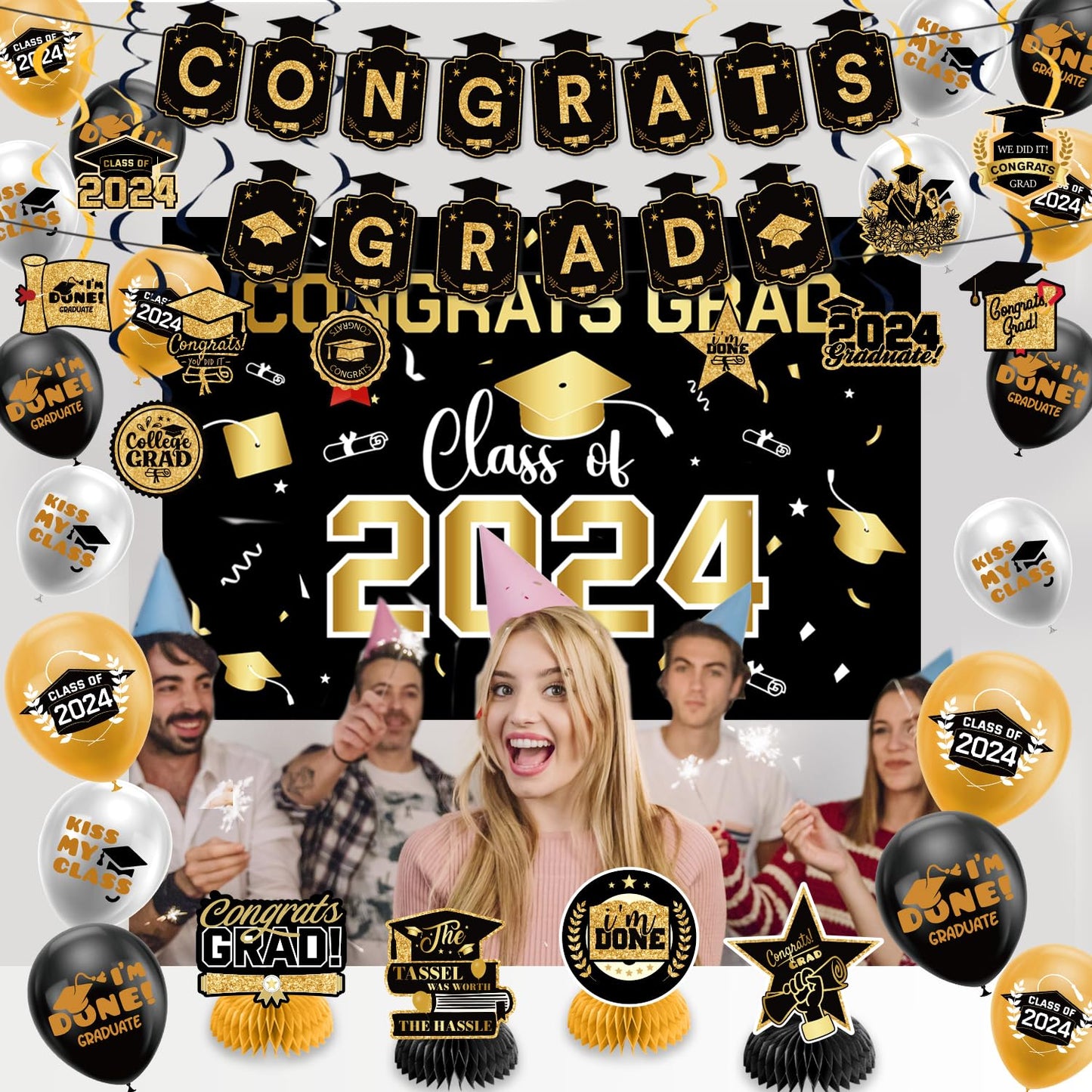 Graduation Decorations Class Of 2024,Gold Themed Graduation Decorations Set,Class Of 2024 Backdrop Banner,Graduation Hanging Swi