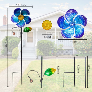 Viveta 2 Pack Wind Spinners With Metal Stake, 28.7 Inches Outdoor Garden Pinwheels Spinners Blue Flower Shape Design For Yard La
