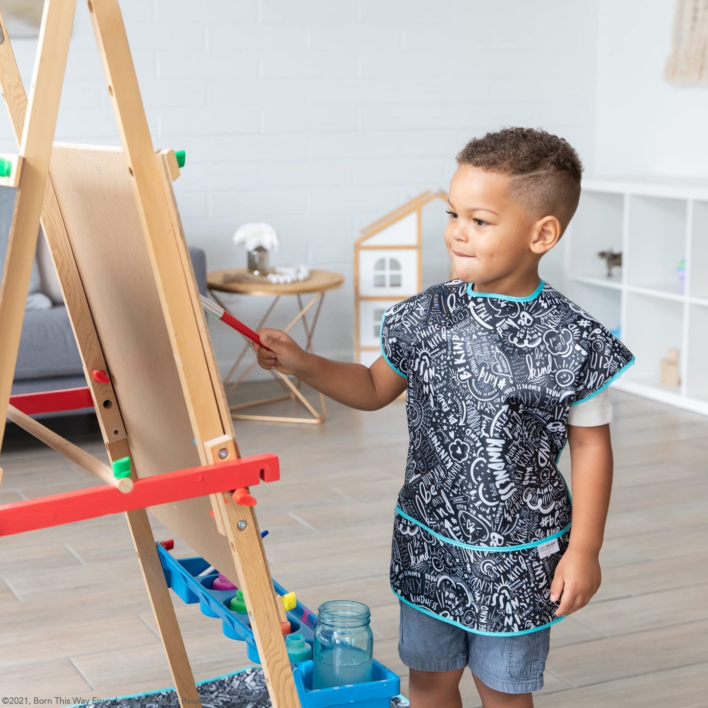 Bumkins Short Sleeve Smock, Toddler Reusable Waterproof Bib For Girls And Boys Age 3-7 Years, Junior Childrens, Kids Paint Apron, Arts, Crafts And Play With Pocket, Soft Fabric, Born This Way Be Kind