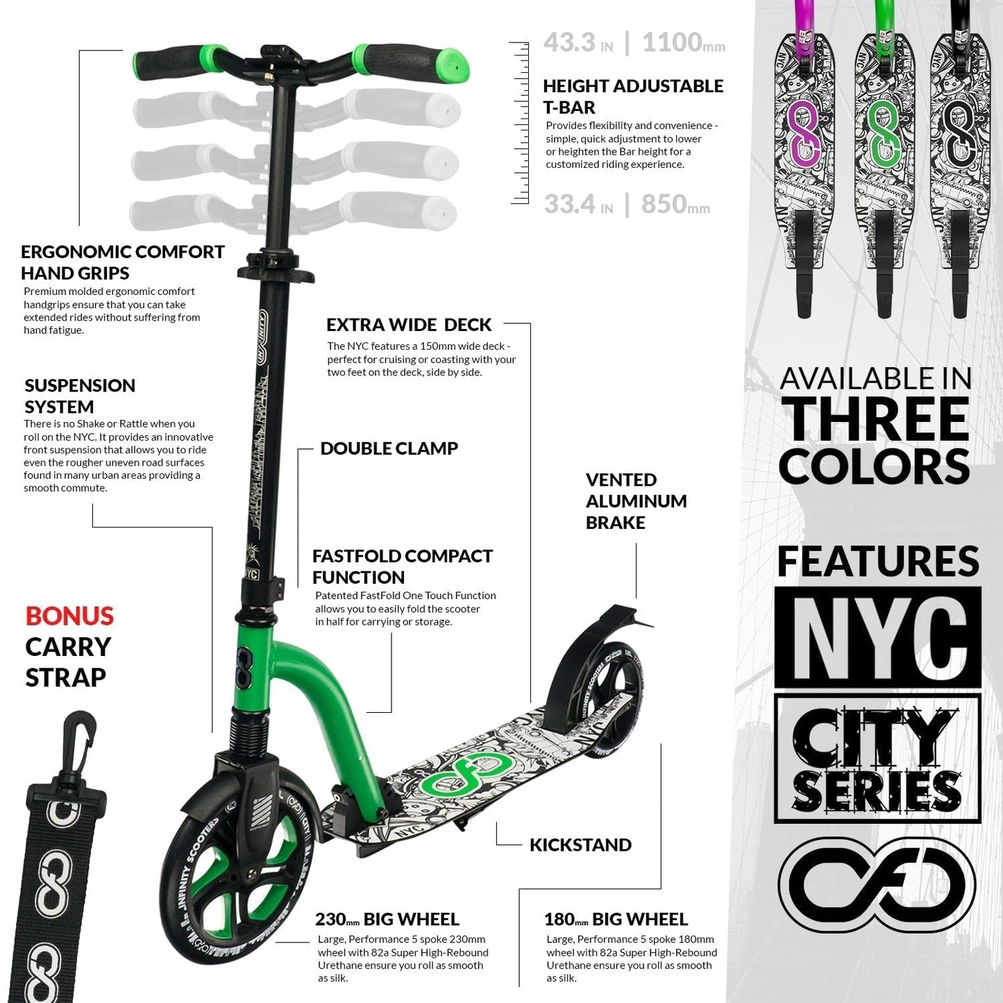Crazy Skates Foldable Kick Scooter - Kick Scooters For Adults, Teens And Kids With Carrying Strap - Fast Folding, Adjustable Handlebars And Lightweight - New York City Scooter (Nyc) - Green