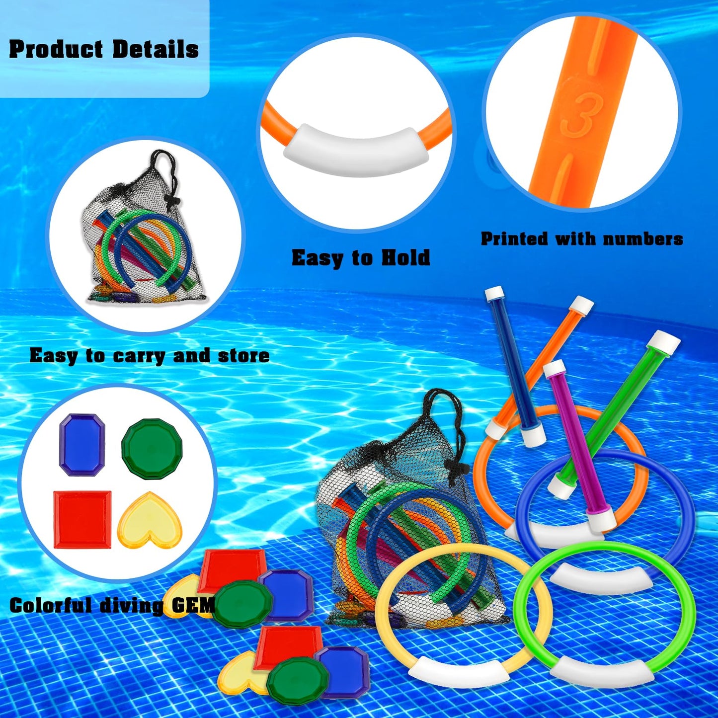 Pool Toys For Kids Ages 8-12 4-8, 16 Pcs Pool Diving Toys For Kids Age 3-10, Summer Underwate Swimming Training Diving Rings Div
