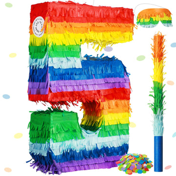 Rainbow Number Piñata Multicolor Number Piñata Small Kids Birthday Party Piñata With Blindfold Stick And Confetti Small Piñata For Birthday Anniversary Cinco De Mayo Fiesta Party Decor(Number 5)