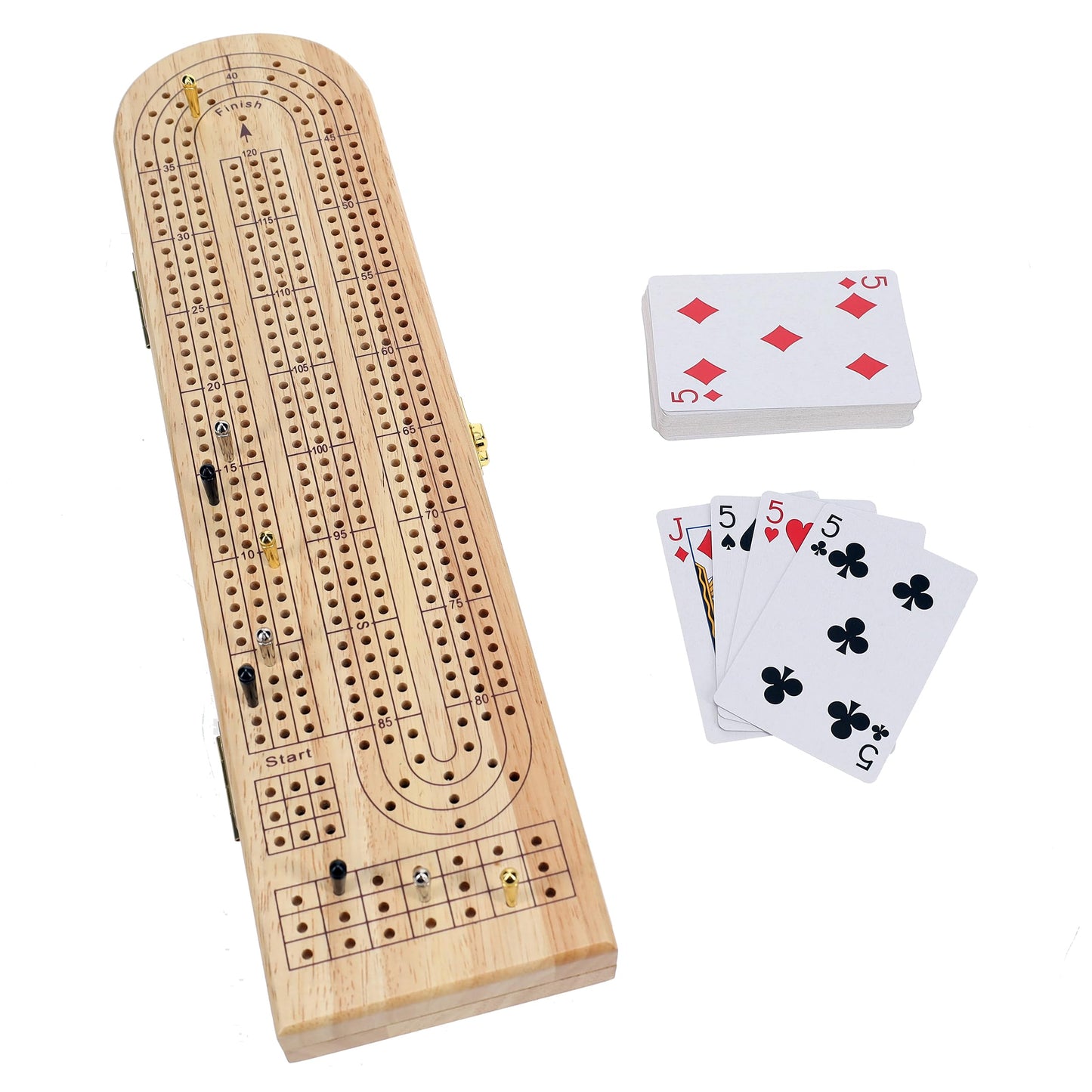 Pacific Shore Games Wooden Cribbage Board Game Set, Continuous 3 Track For 2-3 Players With Card Storage