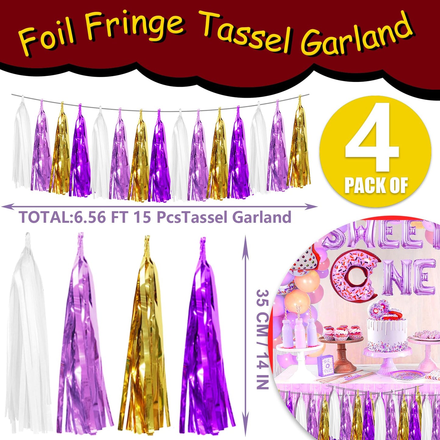 4P Purple-Gold Foil Fringe Tassel Banner Garland Metallic Tinsel Streamers Wall Hanging Curtain Backdrop Banners for Parade Floa