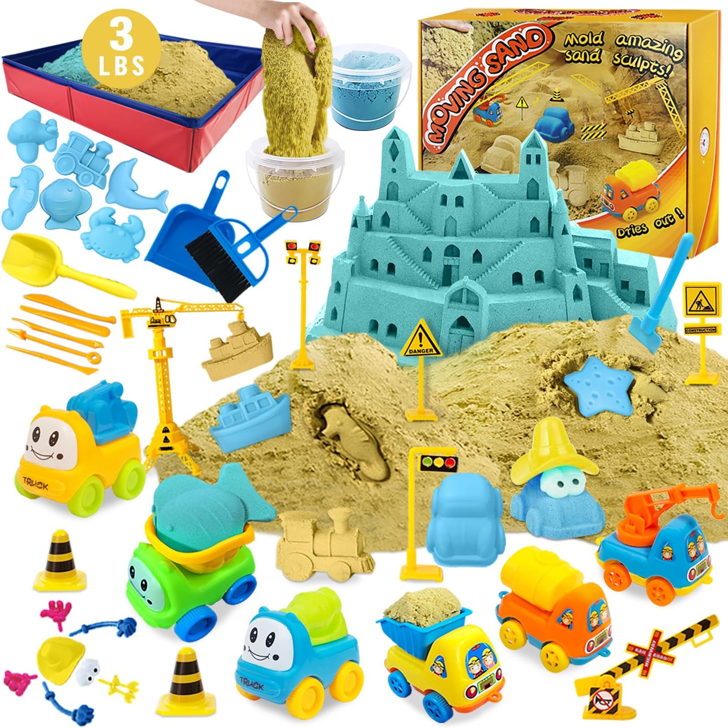 ESSENSON Play Construction Sand Kit - 3lbs Sand with 2 Colors, 6 Mini Construction Trucks, Construction Toys and Signs, Animal M