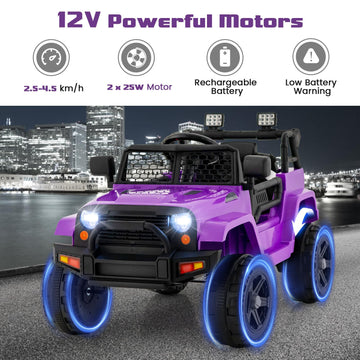 Olakids Kids Ride On Truck, 12V Electric Vehicle Jeep Car With Remote Control, Toddlers Battery Powered Toy With 2 Speeds, Spring Suspension, Double Open Doors, Led Light, Music, Tf, Usb, Mp3 (Purple)