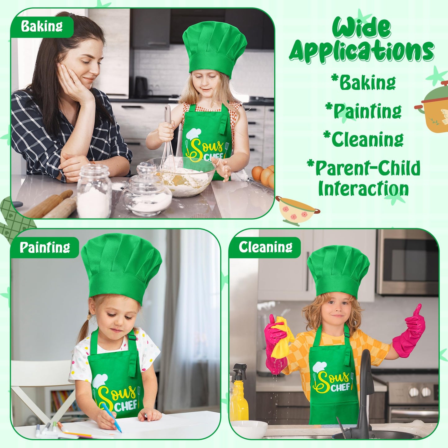 Kid Apron and Chef Hat Set - R HORSE 2Pcs Adjustable Children Green Kitchen Apron, Dress up Role Play Chef Toy Cooking Baking Pa