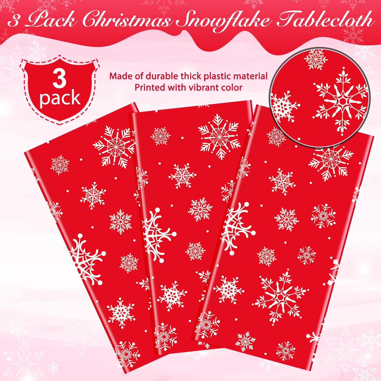 Jectivs 3 Pieces Christmas Snowflake Plastic Party Tablecloth Decorations,White Snowflake Red Xmas Backdrop Sign Table Cover Ban