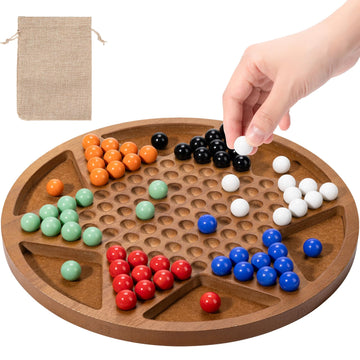 12-Inch Wooden Chinese Checkers Set - Classic Round Design With 60 Acrylic Marbles In 6 Vibrant Colors - Includes 12 Bonus Spare Marbles - Family Strategy Board Game For Kids And Adults