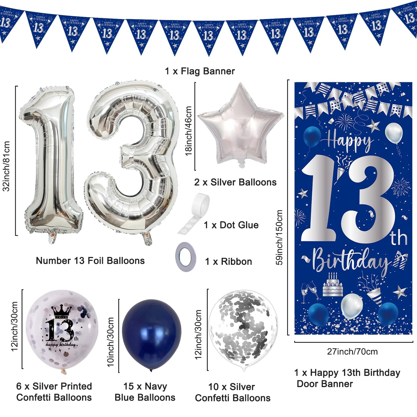 13Th Birthday Decorations For Boys Girls, Navy Blue Silver Happy 13Th Birthday Door Banner Decorations, 32'' Number 13 Foil Ball