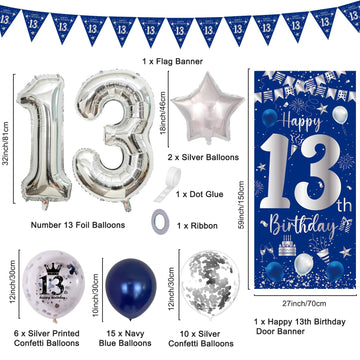 13Th Birthday Decorations For Boys Girls, Navy Blue Silver Happy 13Th Birthday Door Banner Decorations, 32'' Number 13 Foil Ball