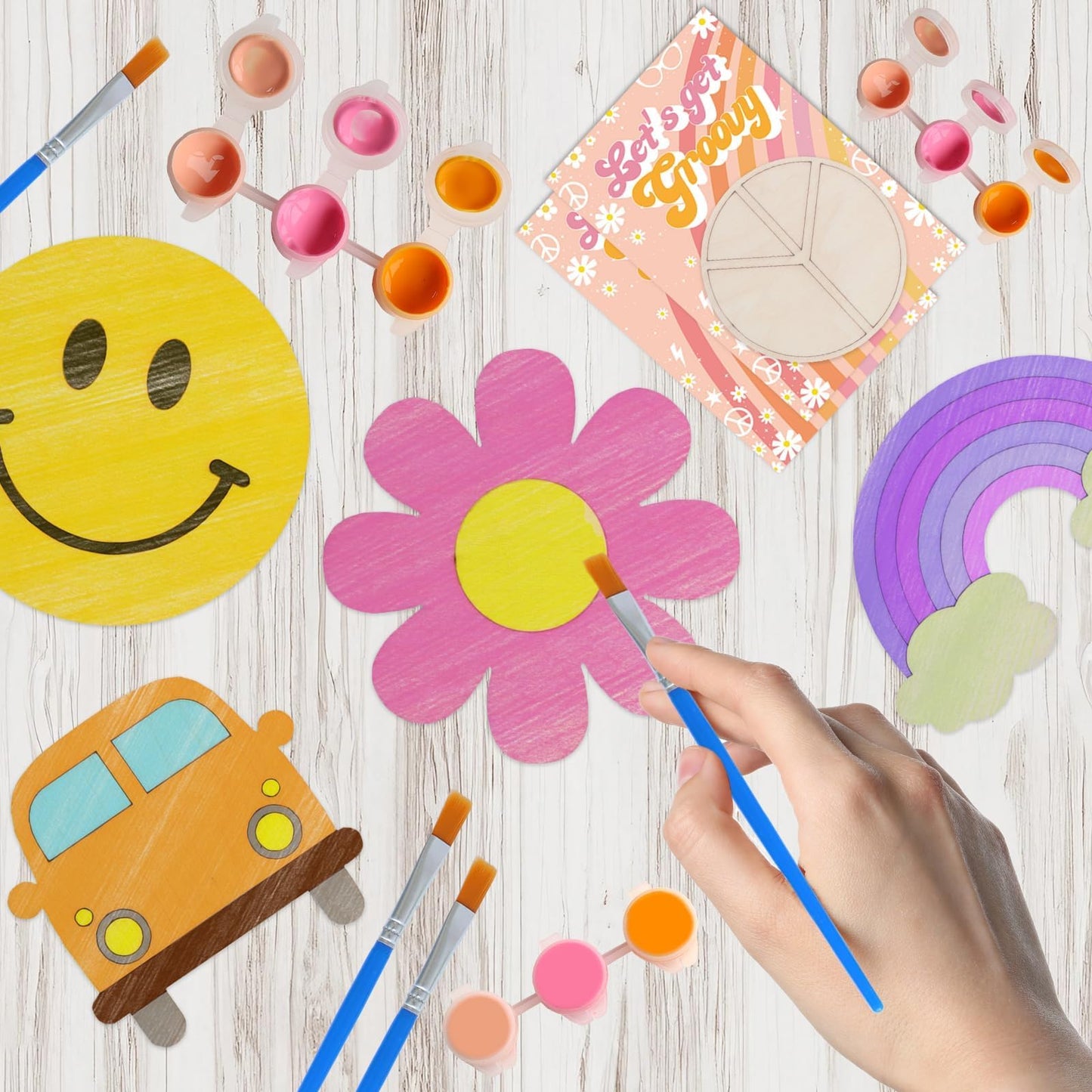 12 Pack Pre-Packaged Groovy Party Favors, Wooden Retro Cutouts with Magnets & Painting Kits for Kids, 70s Theme Birthday Decorat