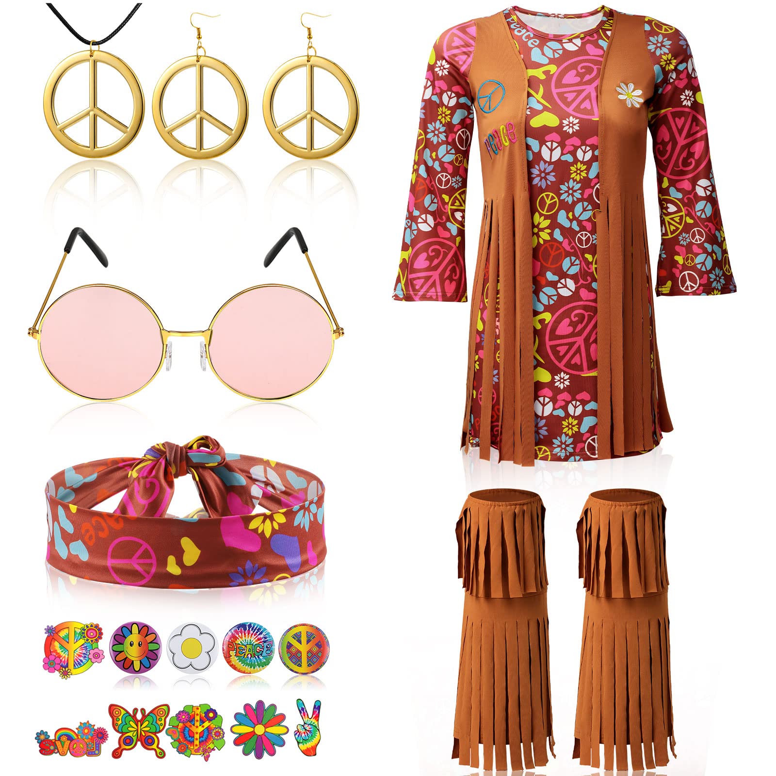 Kathfly 18 Pcs Hippie Costume for Girls Kids 70s 60s Outfits Set Hippie Dress Fringe Vest Party Accessories for Carnival Halloween(2XL)