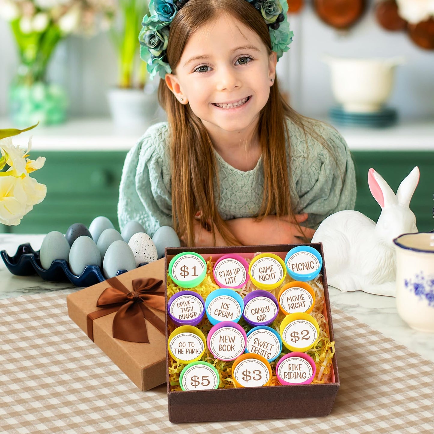 Seeloowy 36 Pcs Easter Egg Tokens Wood Egg Fillers Reward Tokens Easter Party Favors Gift for Basket Stuffers(Round)