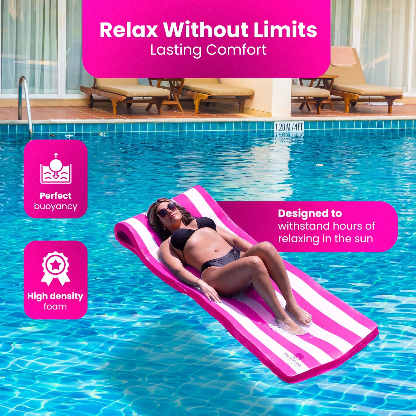 Cococabana 74 Inch Foam Float For Pools & Lakes Vinyl Foam Pool Floats (Pink Stripe, 2In Thick)