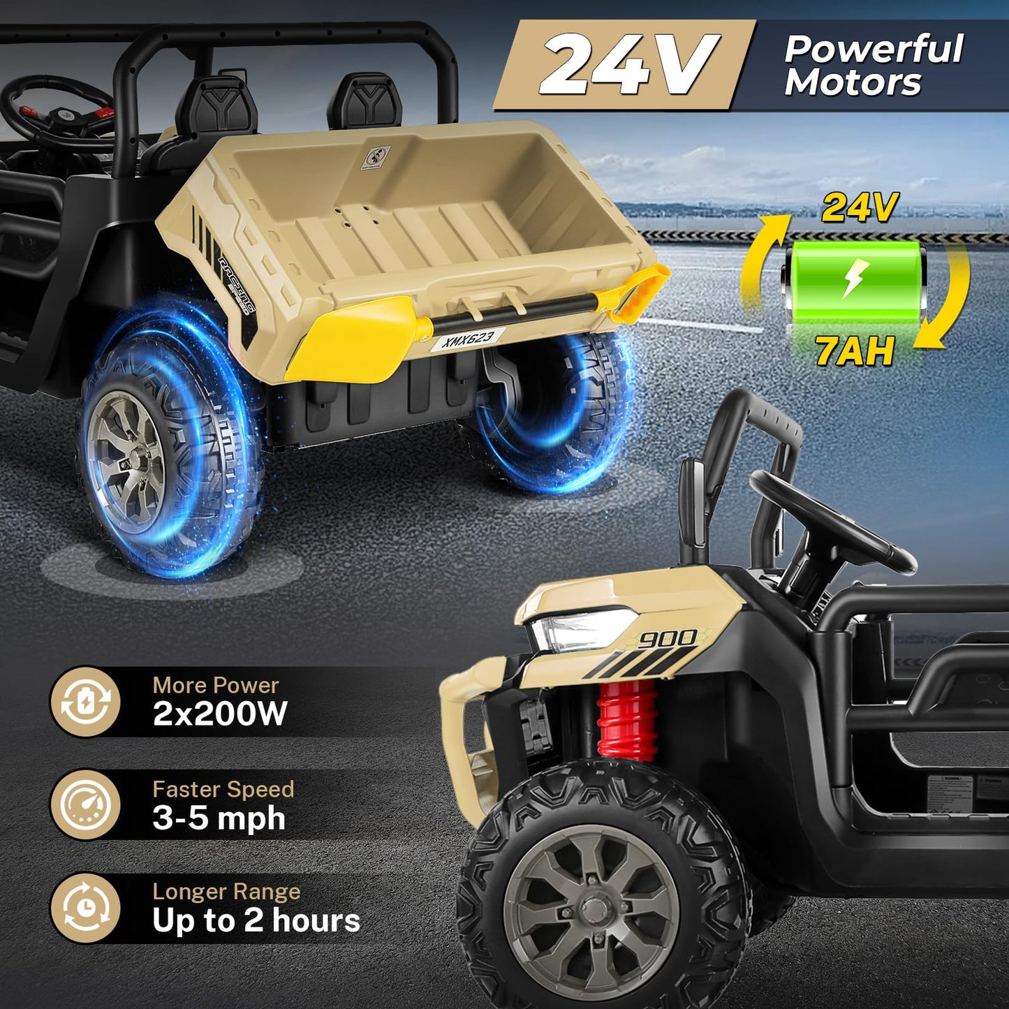Hikole 24V Ride on Dump Truck with Electric Dump Bed, 2 Seater Kids UTV Electric Car w/2.4G Remote Control, Music, 3 Speed, LED
