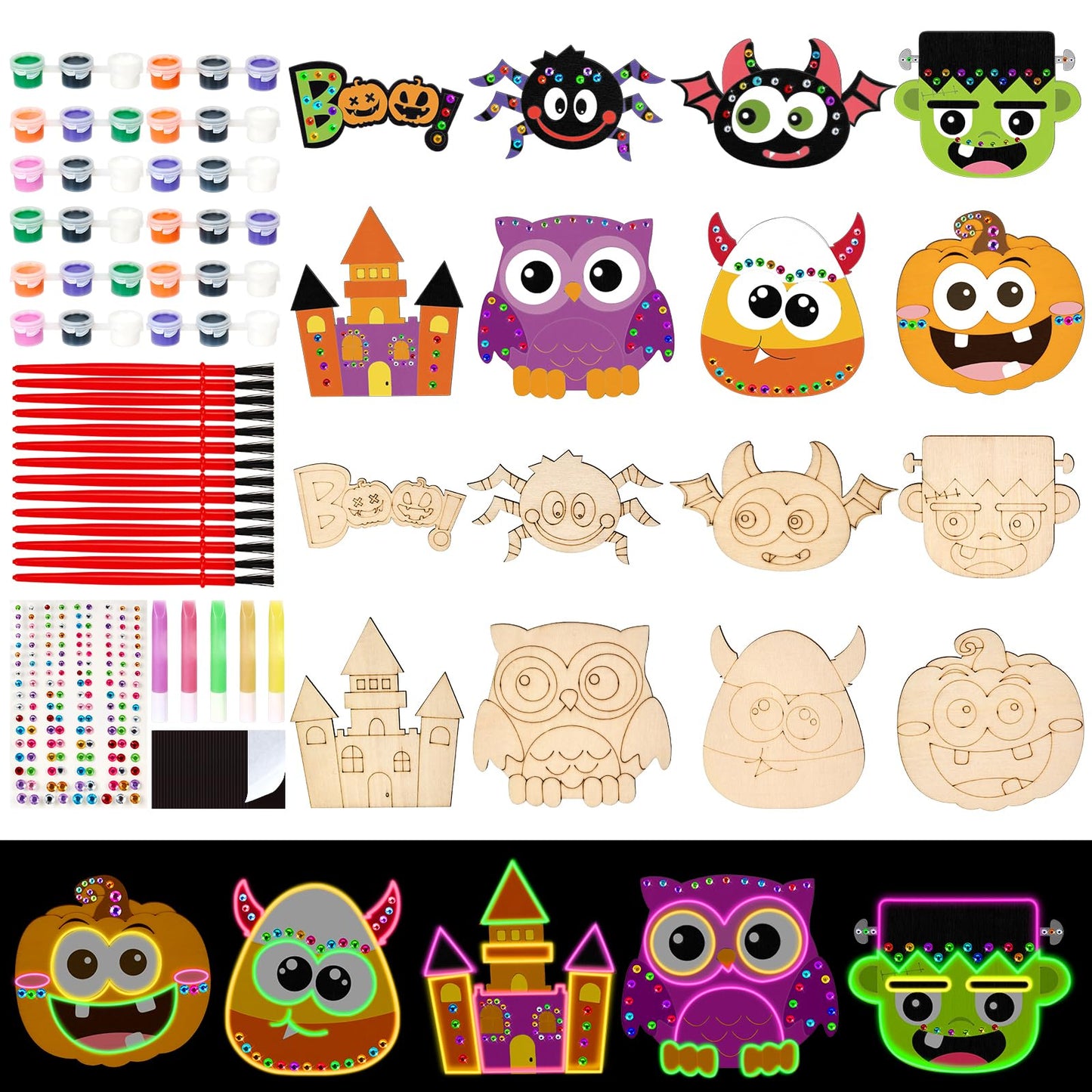 Bafeil 24 Pcs Halloween DIY Wooden Magnets to Paint, Halloween Glow in The Dark Wood Painting Crafts, Fridge Magnets Craft Kits 