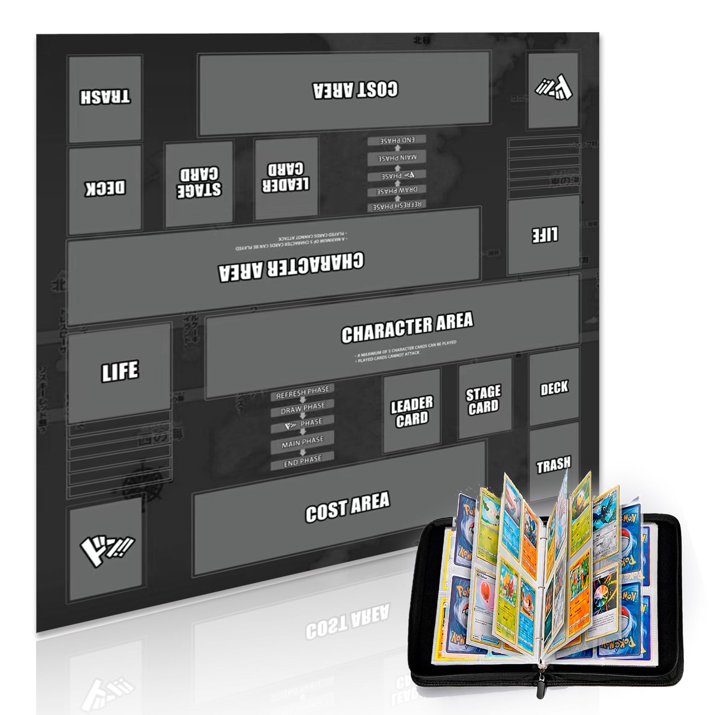 Extalas Playmat For One Piece Card Game For Two Players, 24X24 Inches, With 4-Pocket Card Binder Set And 400+ Card Capacity (Bla