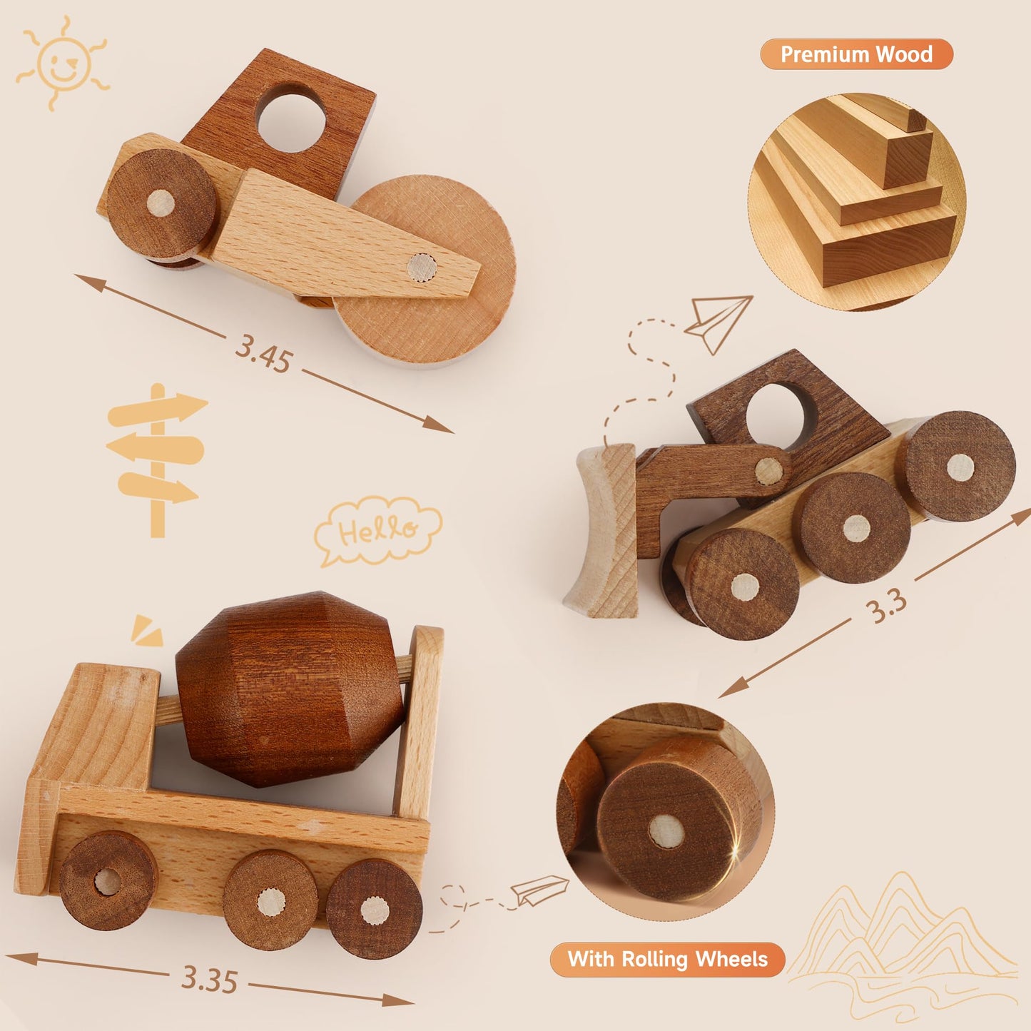 MONT PLEASANT Wooden Construction Vehicle Toy Set of 3  Toddler Montessori Toys Cement Truck Bulldozer Steam Roller Toy Car with Rolling Wheels  Kid Construction Toys Educational Gift for Boys & Girls