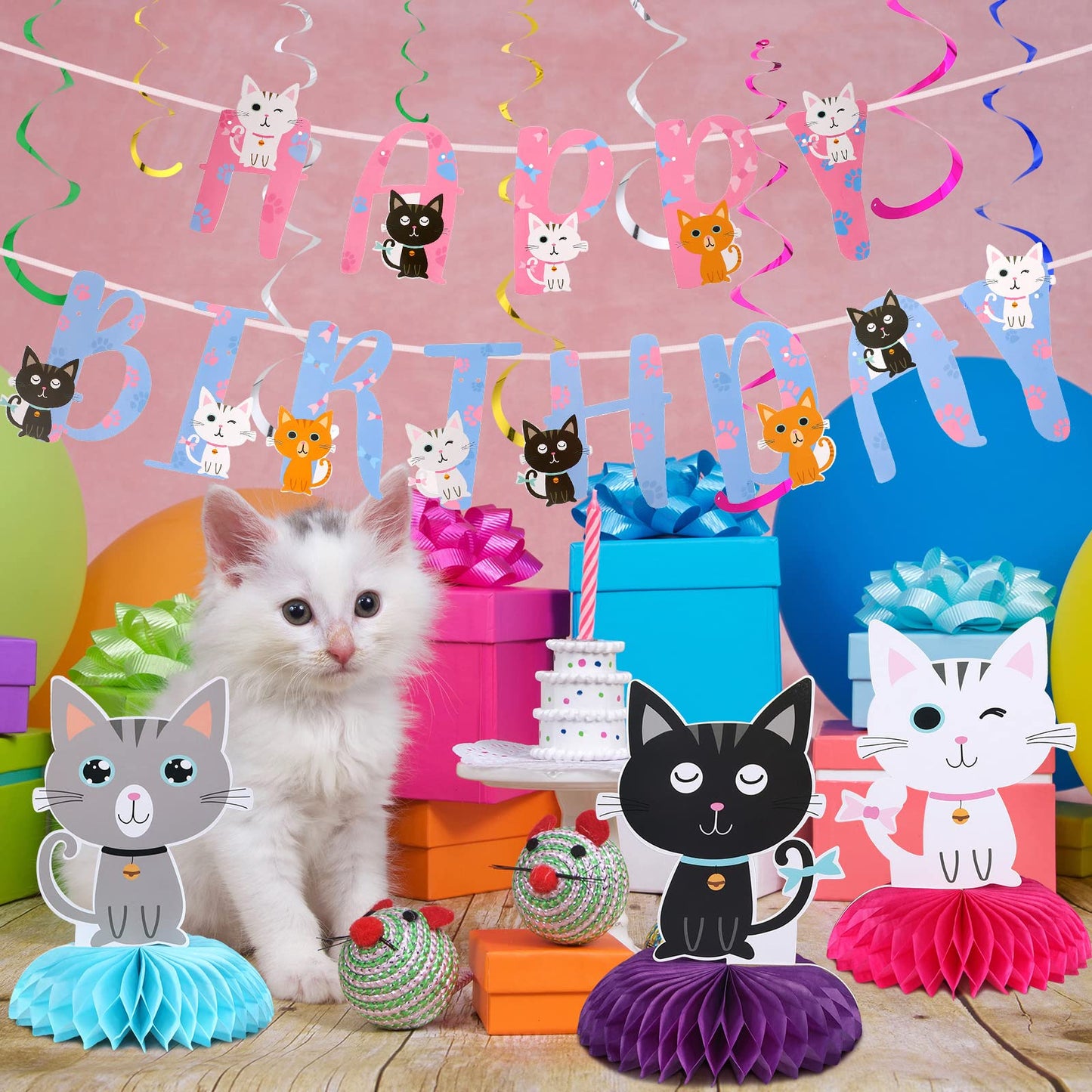 Chinco 16 Pcs Cat Theme Birthday Party Decorations Party Supplies Kit, Includes Cat Party Banner With 6 Hanging Cutouts 6 Hanging Swirl Decor And 3 Birthday Honeycomb Party Decoration(Cool Style)
