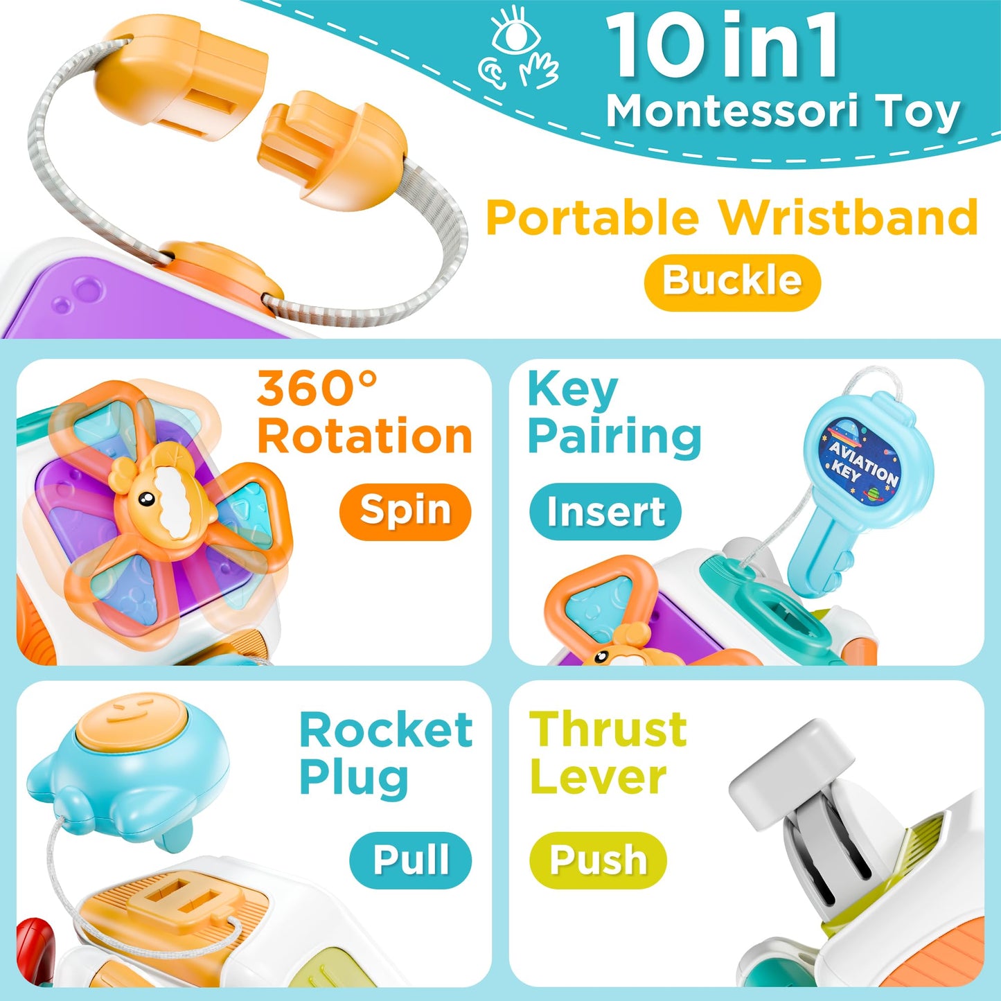 iPlay, iLearn 10-in-1 Baby Busy Board Cube, Montessori Sensory Toy for Toddlers, Medium Size, Plastic, Ideal for Ages 1-3