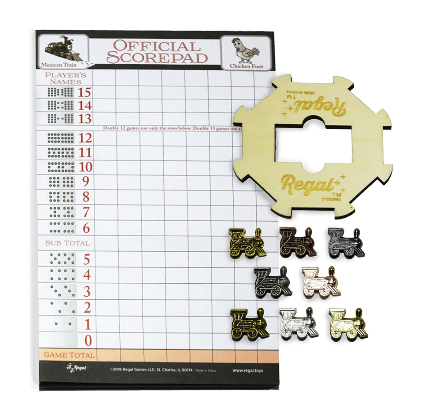 Regal Games Mexican Train Domino Expansion Set - 8 Metal Marker Trains With Unique Finishes - Replacement Wooden Hub - Scoreshee