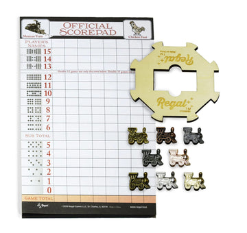 Regal Games Mexican Train Domino Expansion Set - 8 Metal Marker Trains With Unique Finishes - Replacement Wooden Hub - Scoreshee