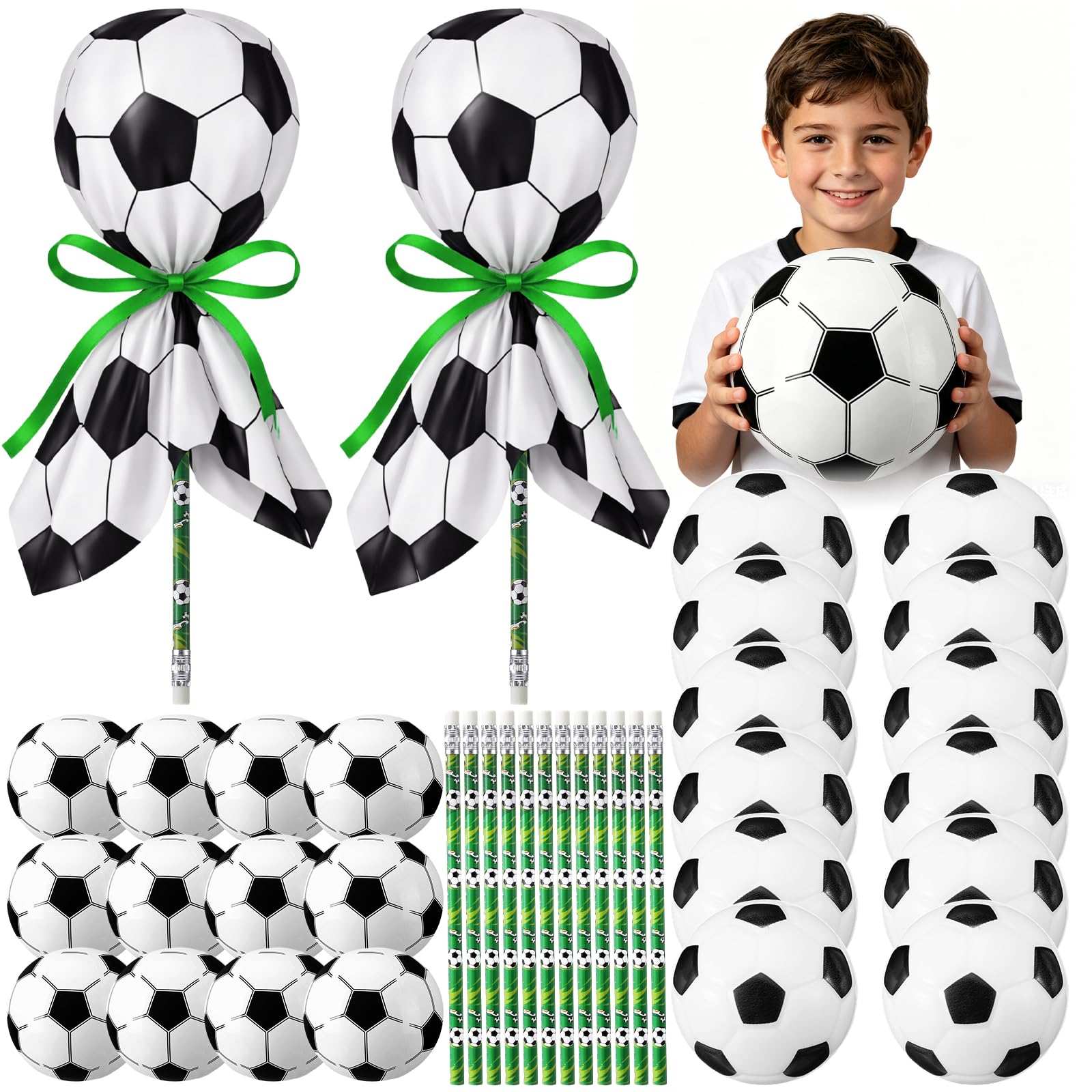 Seenelling 12 Pack Soccer Party Favors Bulk for Kids Toys Lollipop Stationery Set Contains Soccer Beach Balls Stress Balls Penci