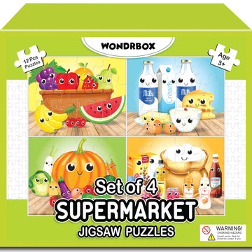 Wondrbox 12 Pcs Supermarket Jigsaw Puzzle For Kids| 4 Puzzles In A Box | Educational Learning Birthday Return Gifts For Kids Age