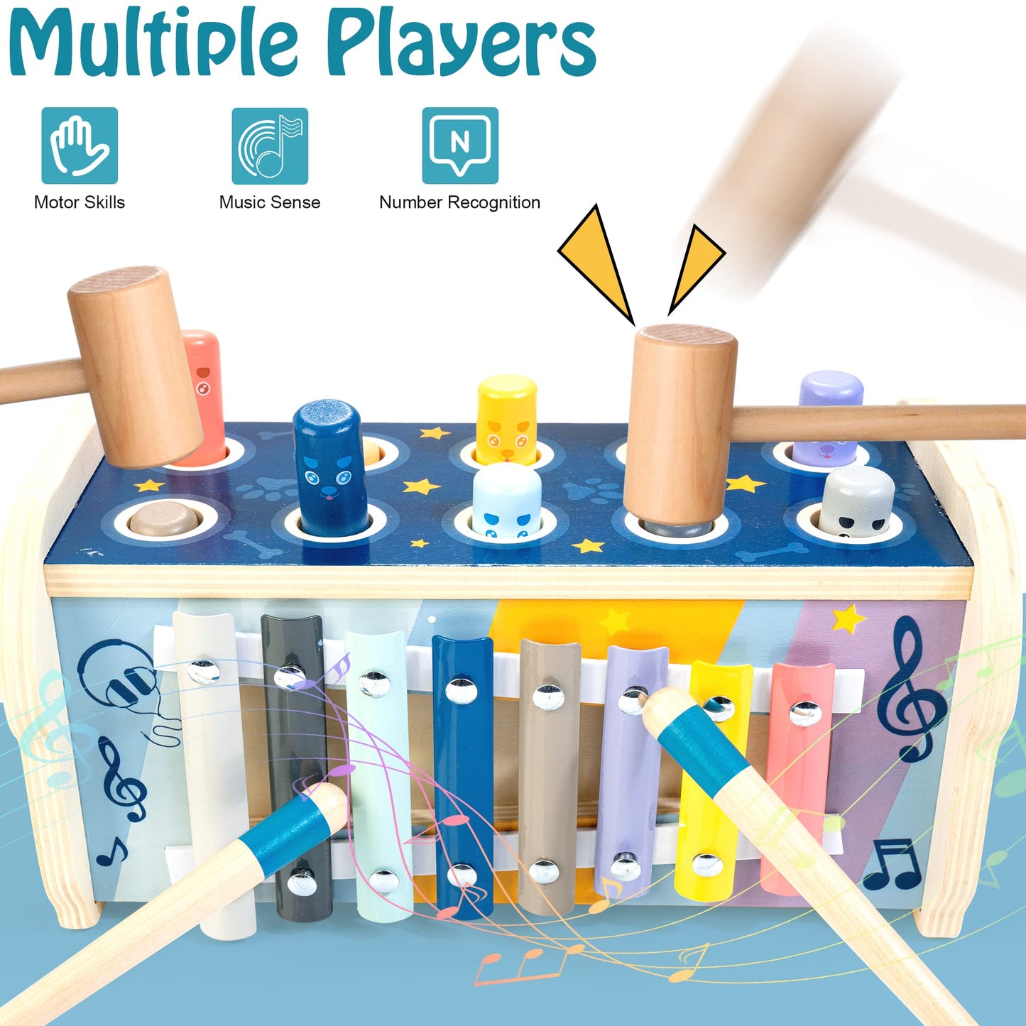 KIDWILL Wooden Hammering Toy with Pounding Bench & Xylophone, Montessori Learning for 12+ Months, Model MMM239, Medium Size
