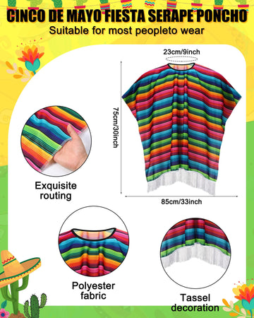 Panitay 24 Pcs Mexican Poncho And Sombrero Set And Fiesta Necklaces Bead,Cinco De Mayo Mexican Fiesta Serape Poncho With Straw S