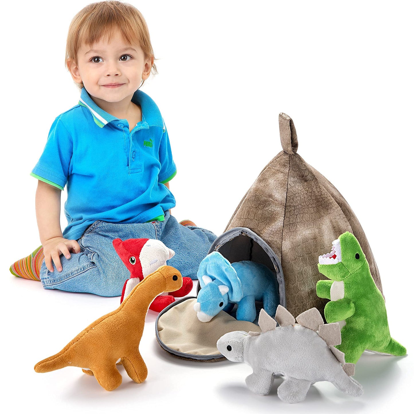 PASSIONFRUIT Dinosaur Stuffed Toy Set - 5 Plush Dinosaurs with Volcano Carry Bag - Bright, Vibrant Polyester Toys for Toddlers