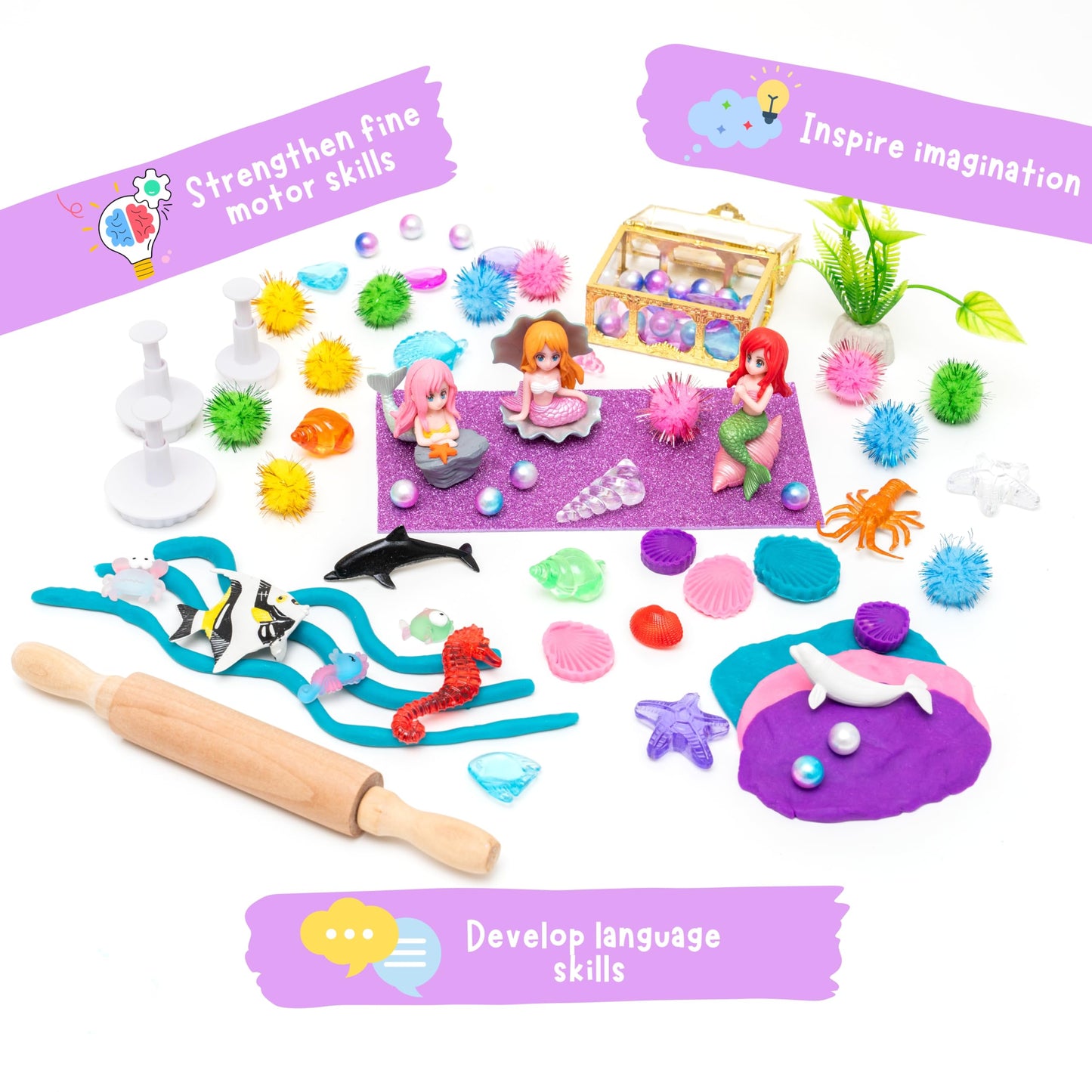 Mermaid Playdough Sensory Kit for Kids with 3 Jars of Non-Toxic Play Dough, Reusable Sensory Bin for Toddlers with Sea Animals,
