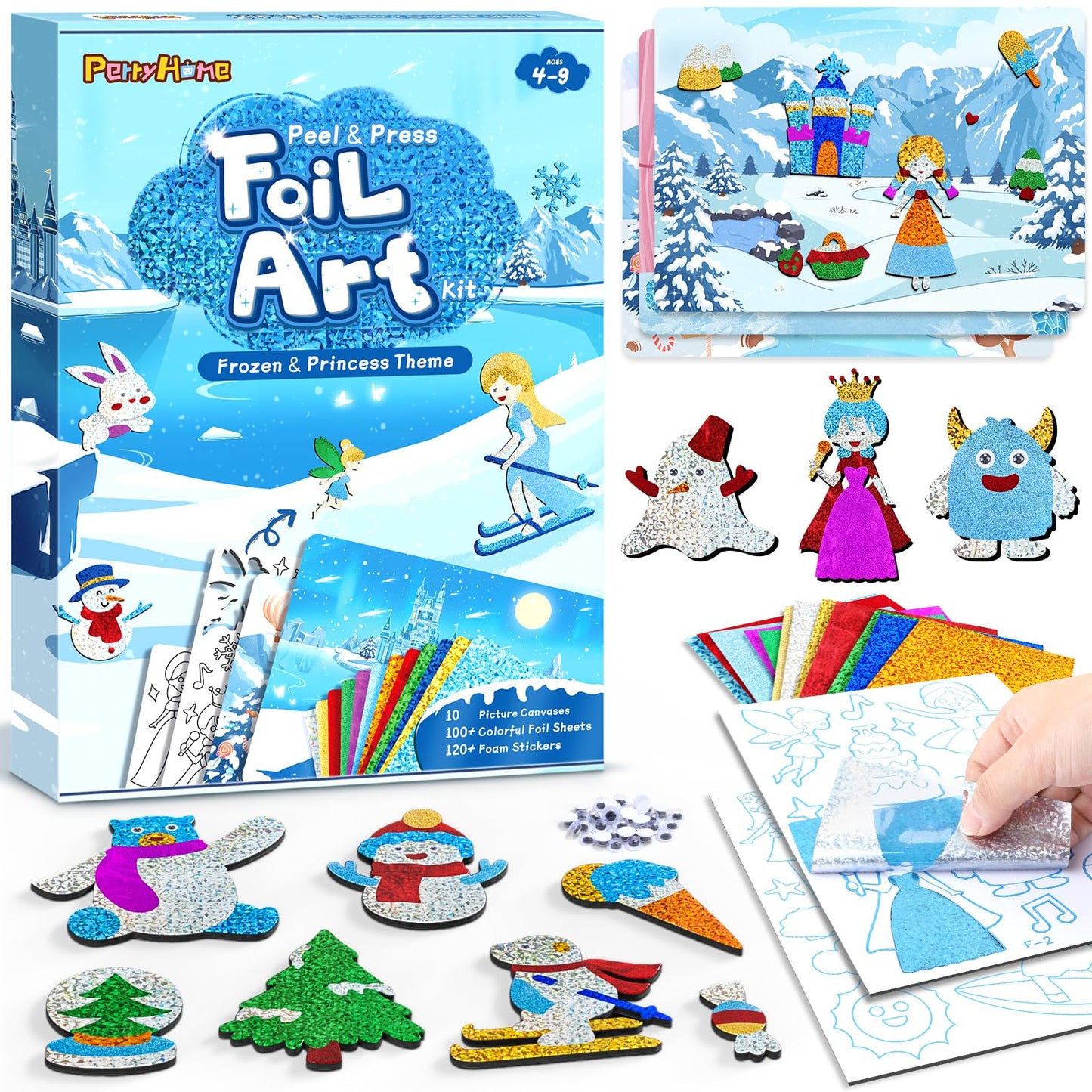 PERRYHOME Foil Arts & Crafts for Kids-DIY Frozen Fun Foil Art Kit Toys,Mess Free Coloring,Kids Car Airplane Travel Activities To