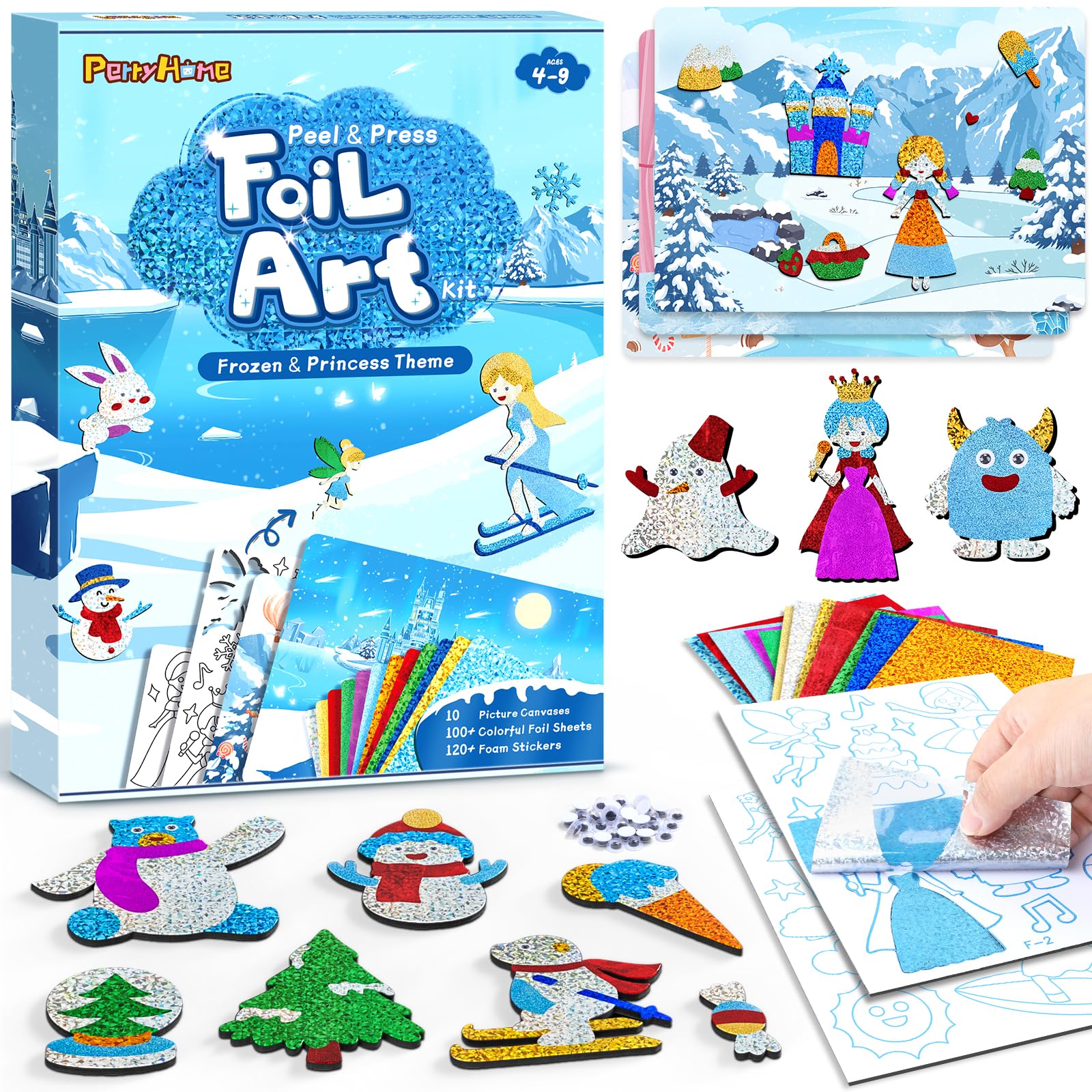 PERRYHOME Foil Arts & Crafts for Kids-DIY Frozen Fun Foil Art Kit Toys,Mess Free Coloring,Kids Car Airplane Travel Activities To