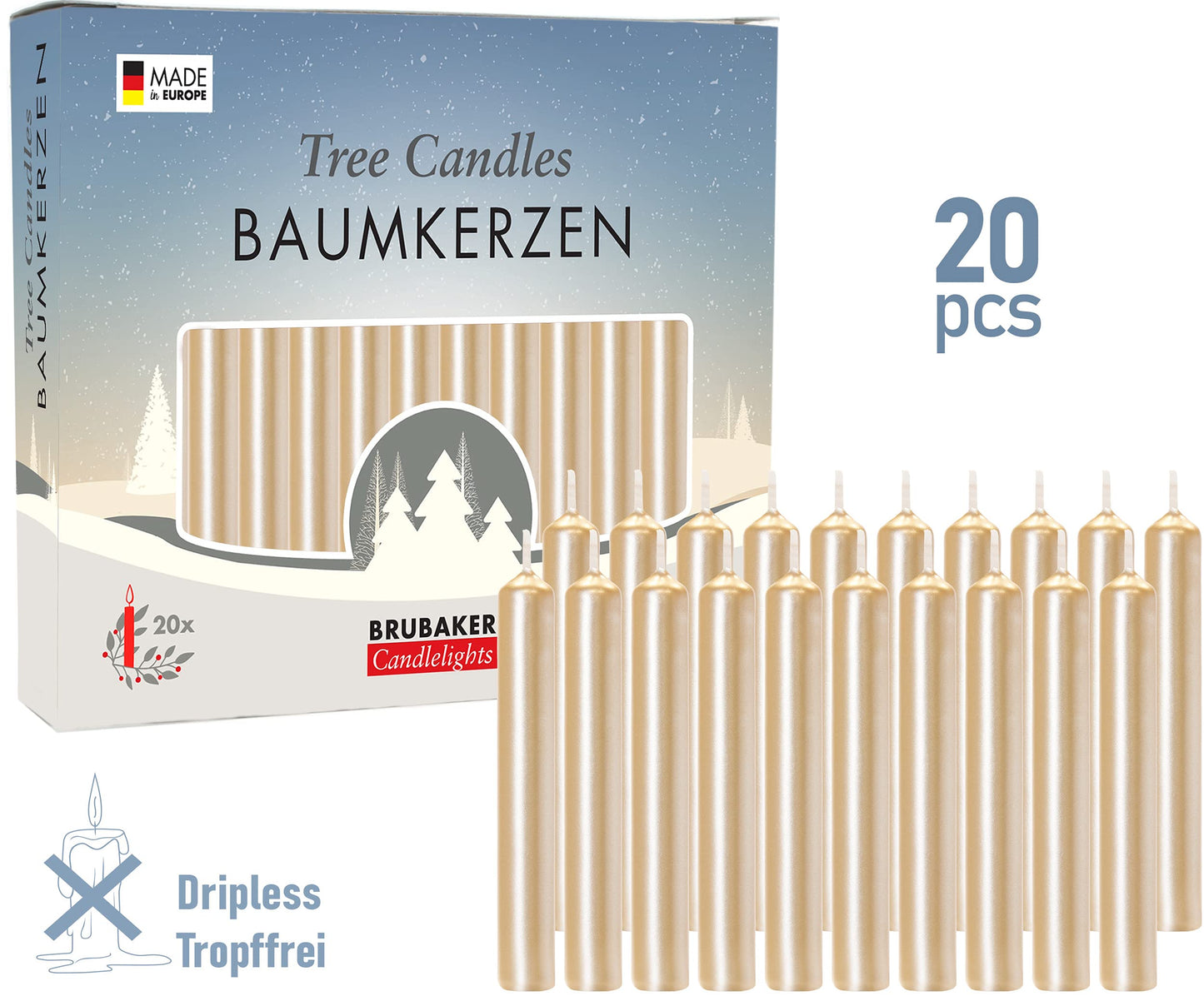 BRUBAKER Tree Candles - Pack of 20 - Pale Gold - 3 x  Inches - Made in Europe - Christmas Wax Candles for Pyramids, Carousels &