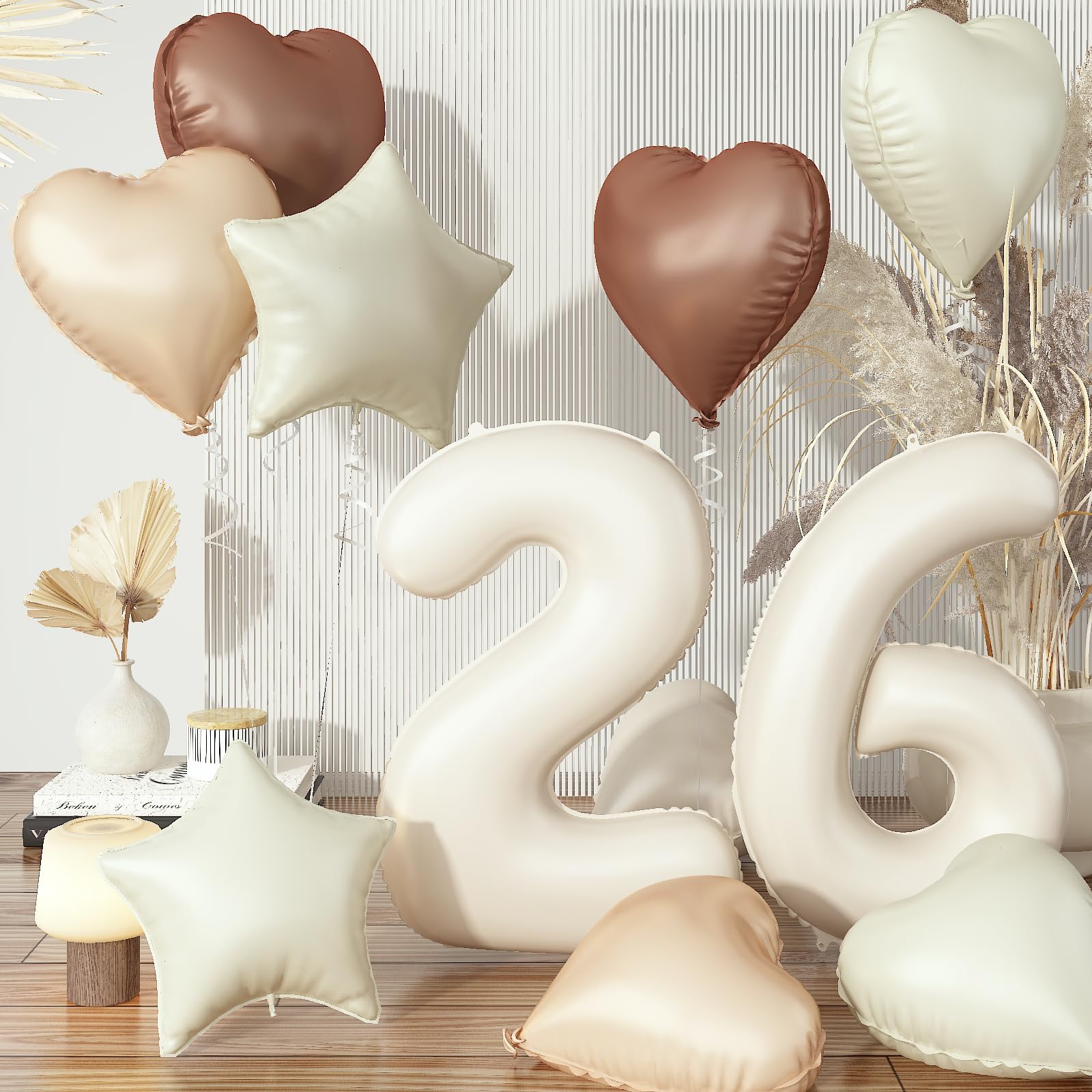 Cream 26 Balloons Decor, Beige Brown White Sand Foil Star Heart Balloon Decor, Large Helium Nude Tan Boho Neutral Number 26 Ball