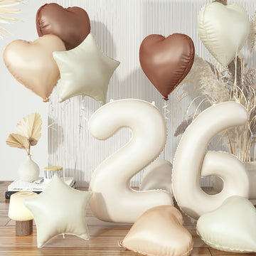 Cream 26 Balloons Decor, Beige Brown White Sand Foil Star Heart Balloon Decor, Large Helium Nude Tan Boho Neutral Number 26 Ball