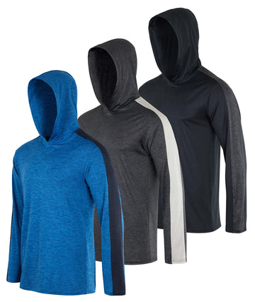 3 Pack: Menas Quick Dry Fit Moisture Wicking Long Sleeve Active Athletic Hoodie Performance Hooded T Shirt Workout Running Fitne
