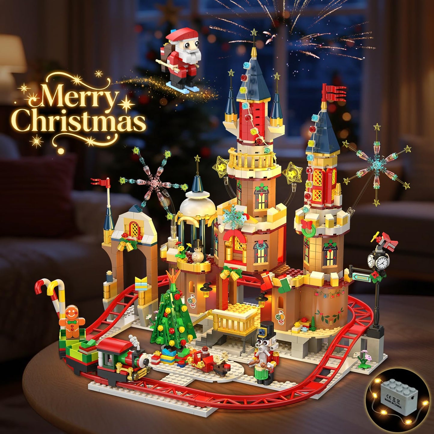 CUBIMANA 2025 Christmas Castle Roller Coaster Building Set with Lights - 1232PCS Christmas Village Rollercoaster Building Blocks Toy House Xmas Train Tree Santa Claus Gifts for mature-themeds Kids Boys Girls