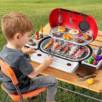 Jukudahu Kids Play Kitchen Toys, Bbq Grill With Smoke For Kids Ages 3 4 5 6 7, 2-Layer Barbecue Toys Play Food Set With Sound Li