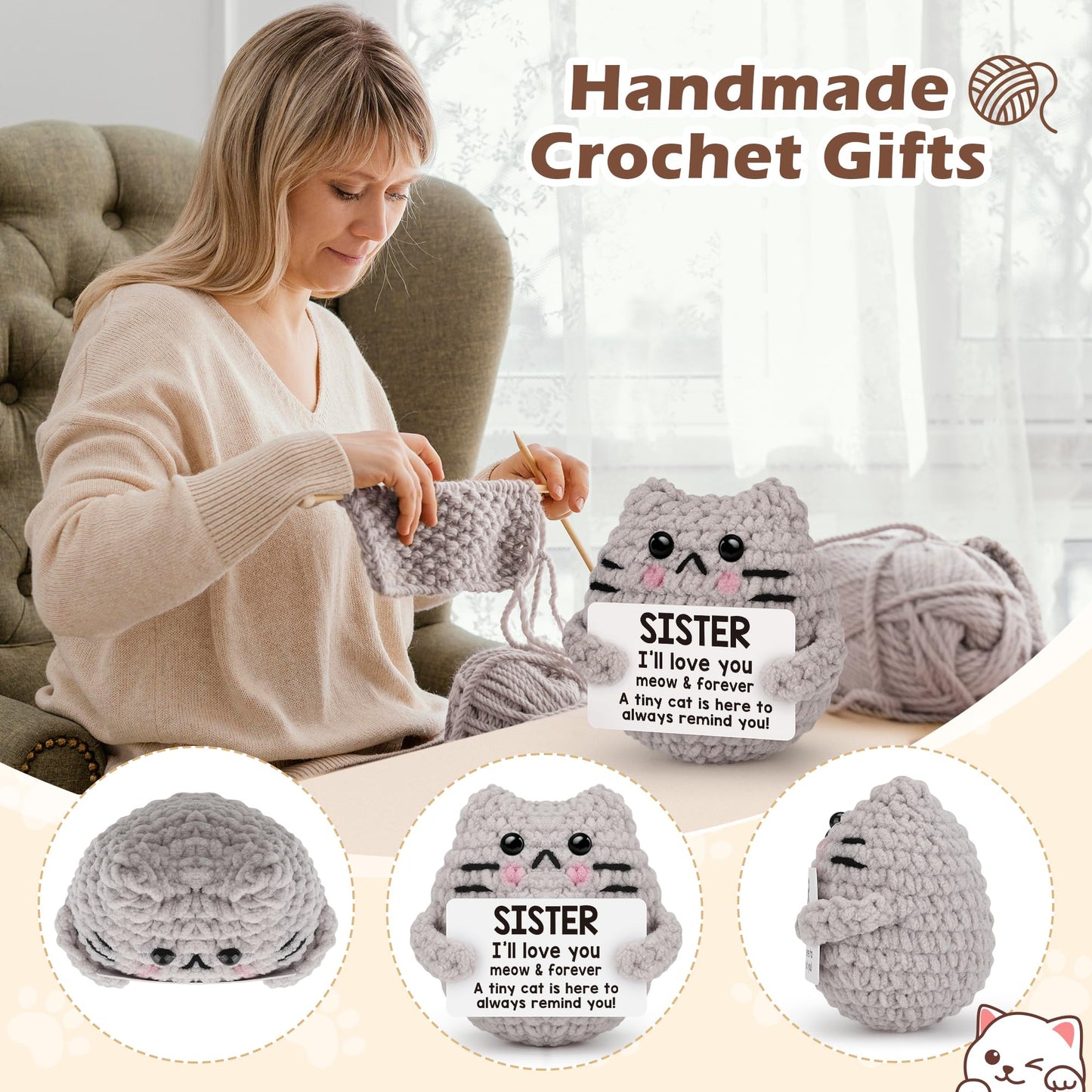 Tgifglonyi Positive Crochet Cat Emotional Inspirational Support Birthday Gifts For Sister,Handmade Knitted Cat For Women Coworke