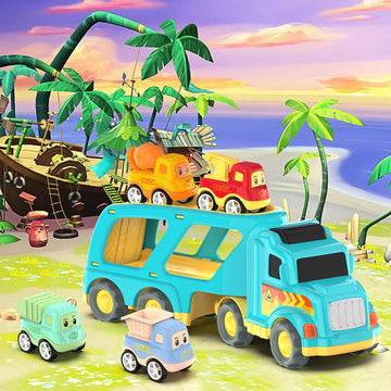 Toddler Car Toys for 3 4 5 Years Old Construction Transport Truck with 4 Pack Small Pull Back Construction Vehicles Friction Pow