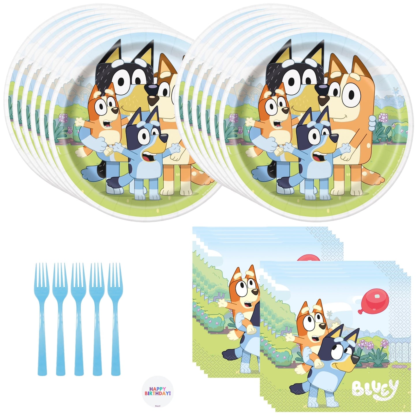 Unique Bluey Birthday Party Supplies Set for 16 Guests - Bluey Plates and Napkins, Forks, Sticker - Bluey Birthday Decorations, 