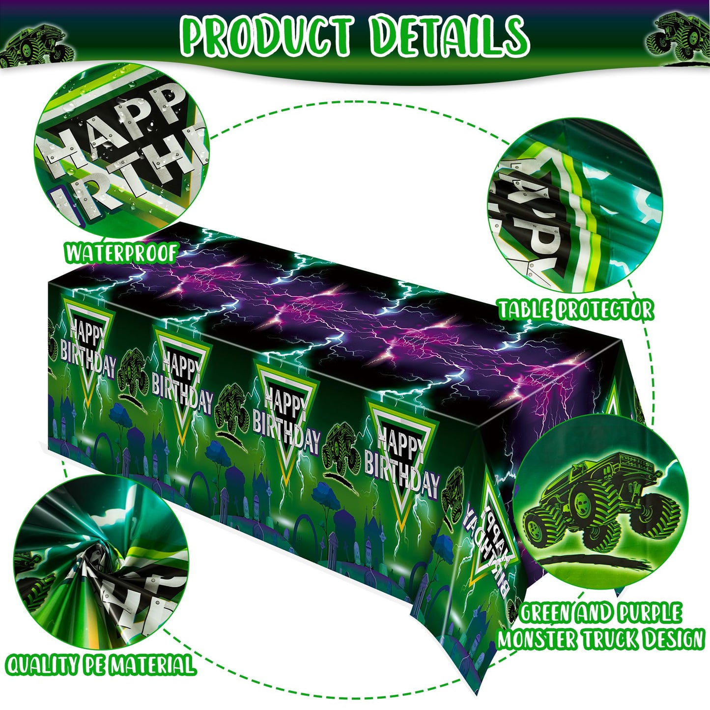 Awsertantue 3 Pack Green And Purple Monster Truck Tablecloths, Monster Truck Happy Birthday Disposable Rectangle Table Cover For