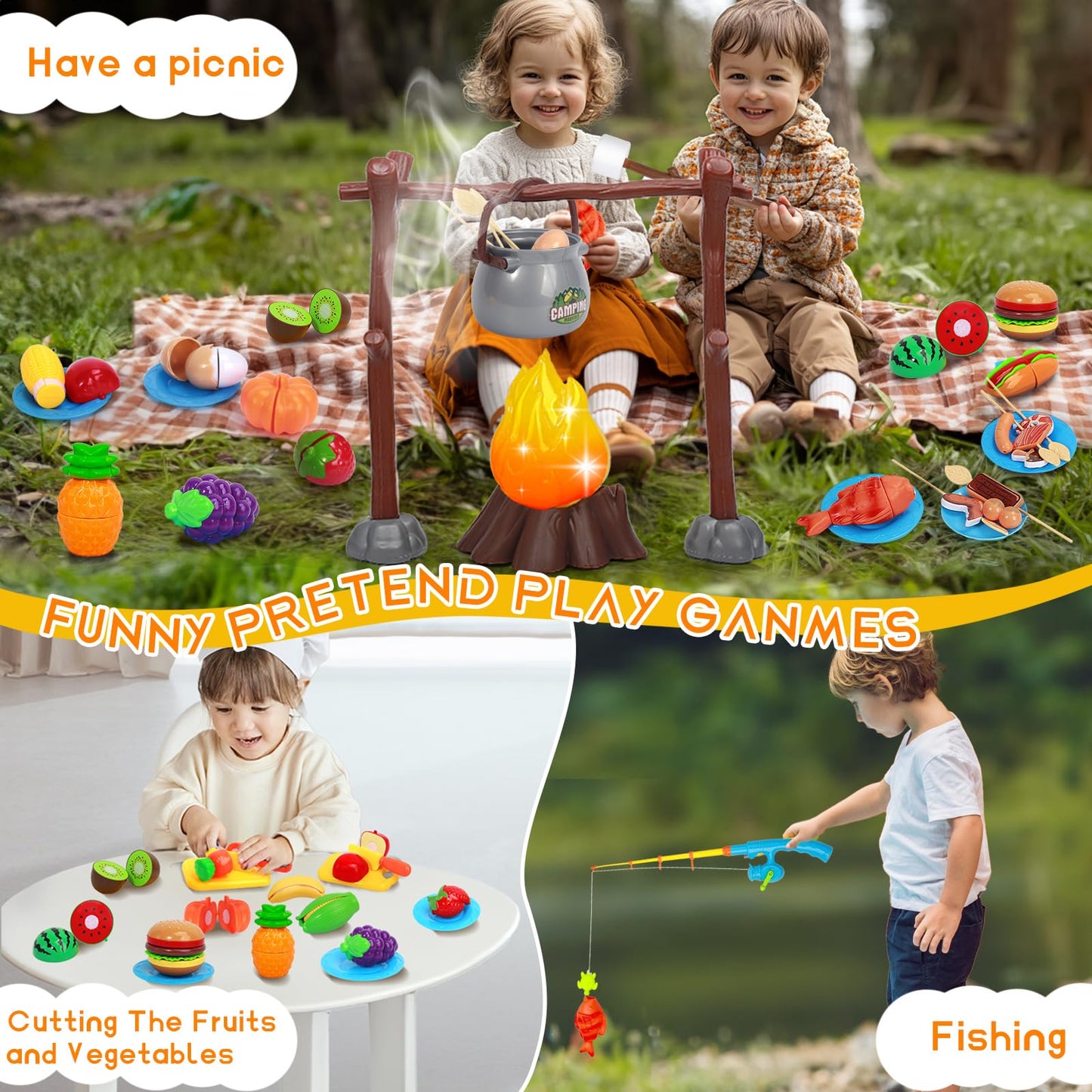 Kids Camping Toys, Mitcien Camping Set Include Pretend Campfire Play Food Fruits & Vegetables Hamburger Magnetic Fishing Toy Tod
